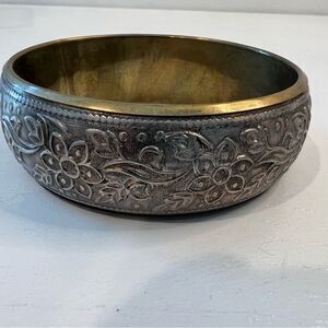 Vintage Metal Engraved Floral Wide Bangle Bracelet Flower Design Art Deco